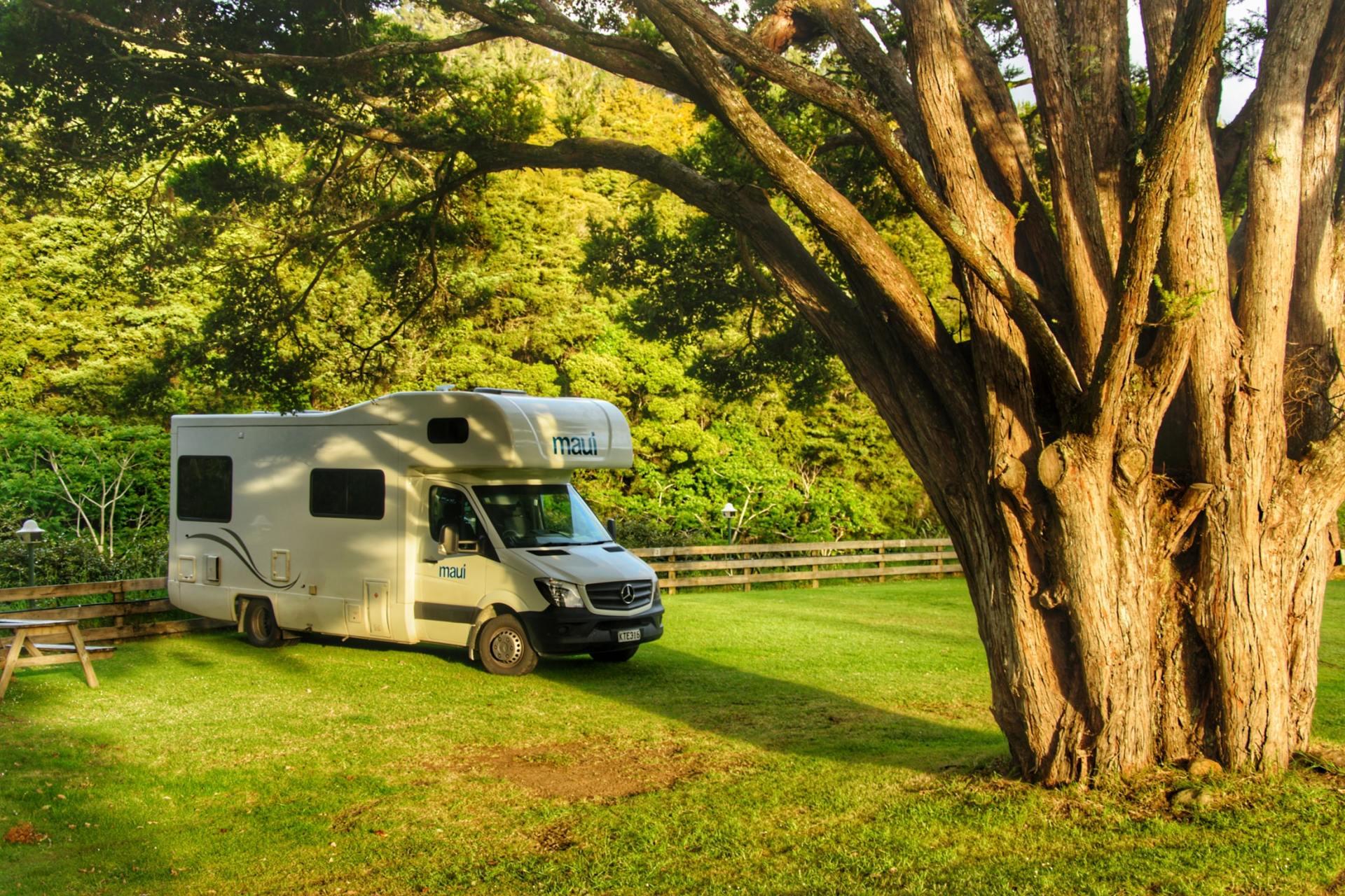 RV parked in a green field